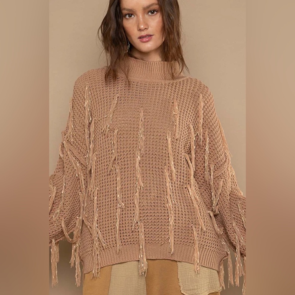 POL Mocha Mock Neck Tassel Fringe Oversized Sweater